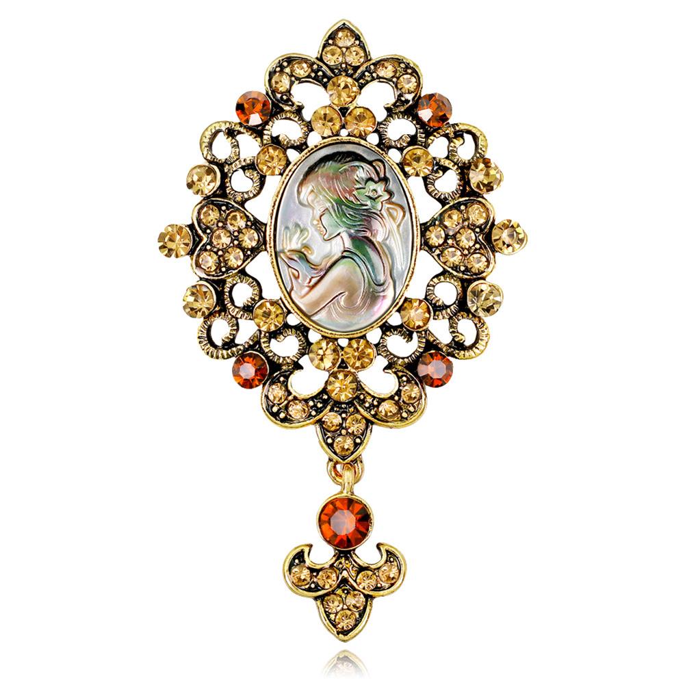 Women Alloy Brooch Fashionable Retro Breastpin Shell Beauty Head Crystal Inlaid Dress Accessories for Ladies