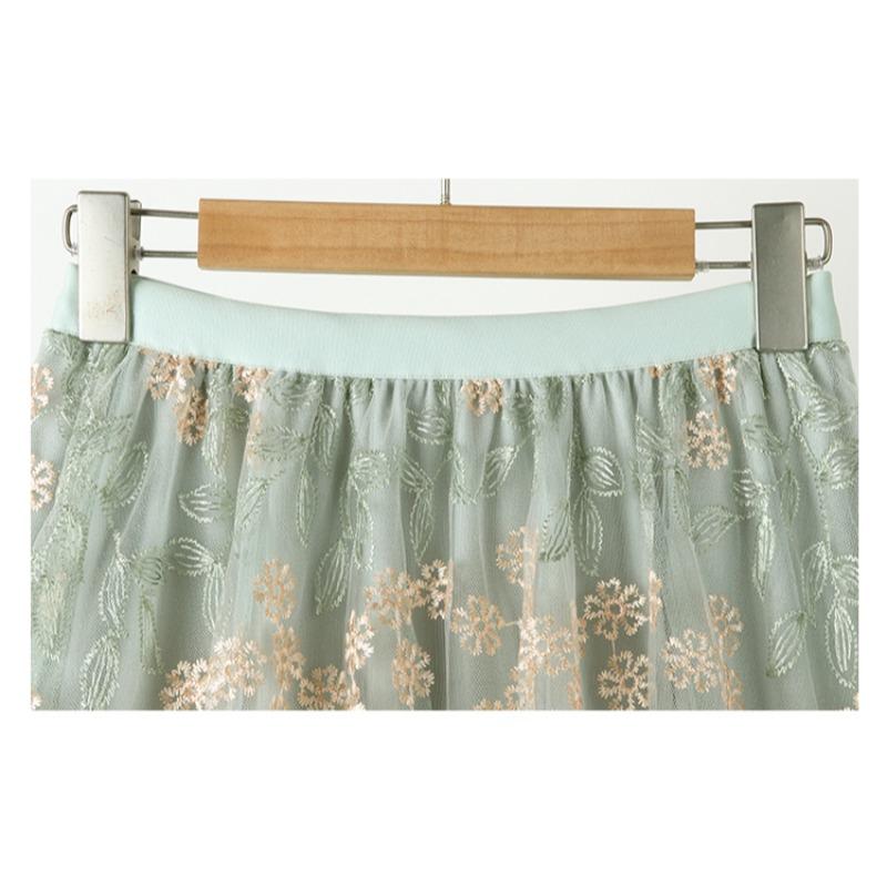 Summer Women Elegant High Waist Mesh Embroidery Flower Tulle Midi Skirt