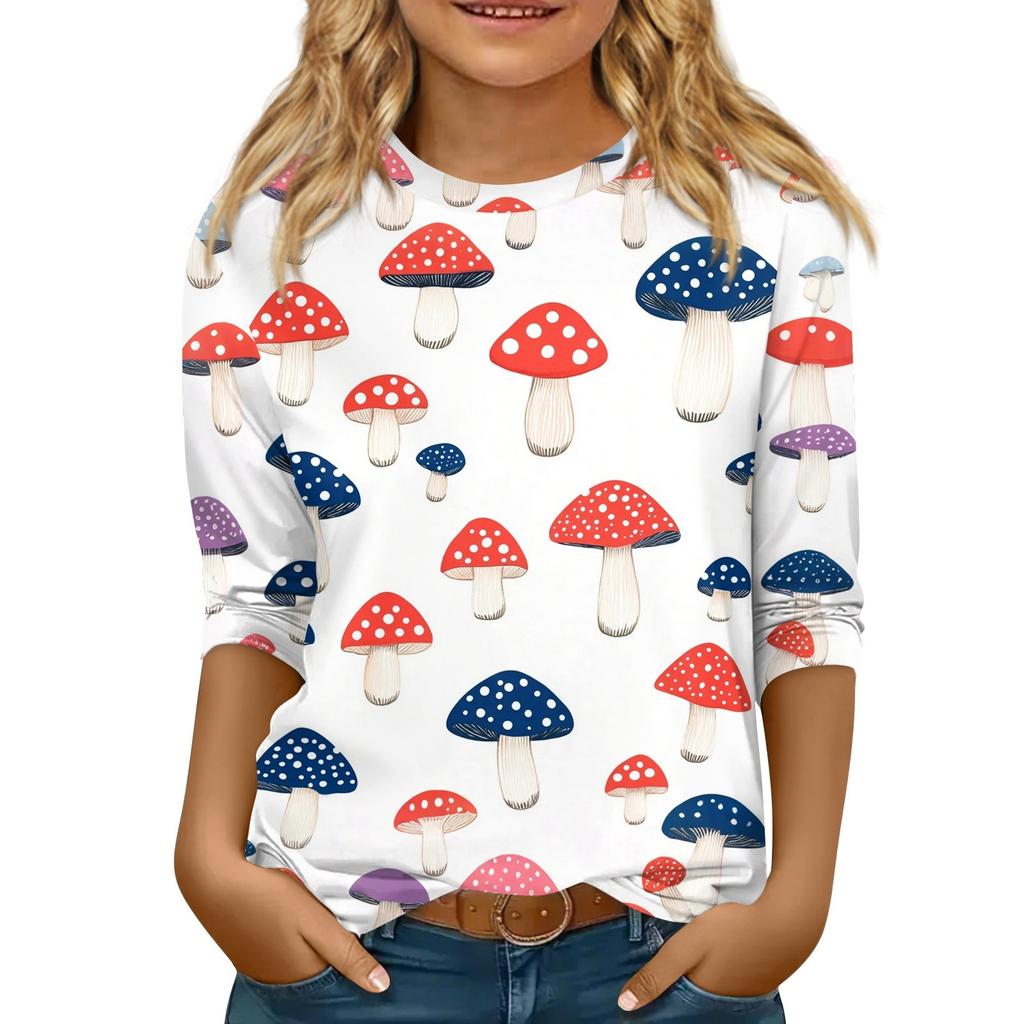 Kinder 3/4 Ärmel Tops Casual Print T-Shirt Rundhals Pullover Bluse