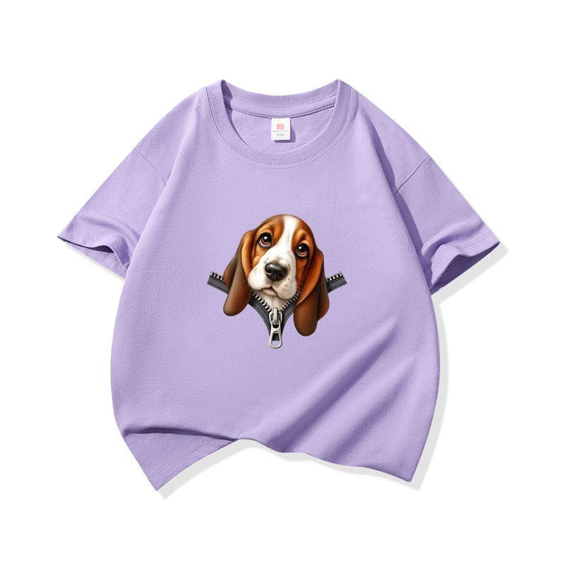 Kids Cotton T Shirt Cute Basset Hound Dog Zipper Print Crew Neck Short Sleeve Tee Casual Breathable Boys Girls Summer Tops
