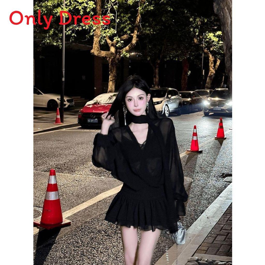 Elegant Satin Polyester Spliced Vneck Long Sleeve Dress For Fall Season Womens Formal Wear