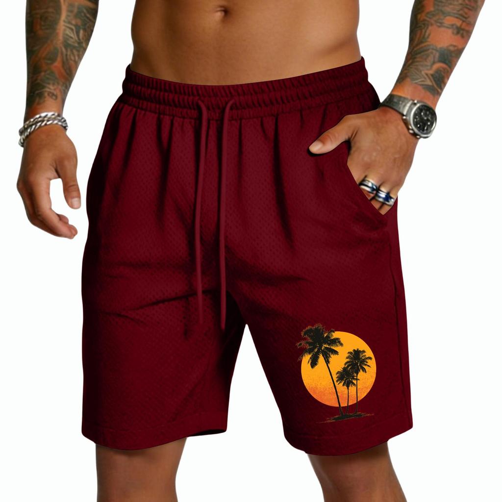 Mens Drawstring Waist Casual Shorts with Tree and Print Relaxed Fit Lightweight Breathable Fabric for Everyday Wear