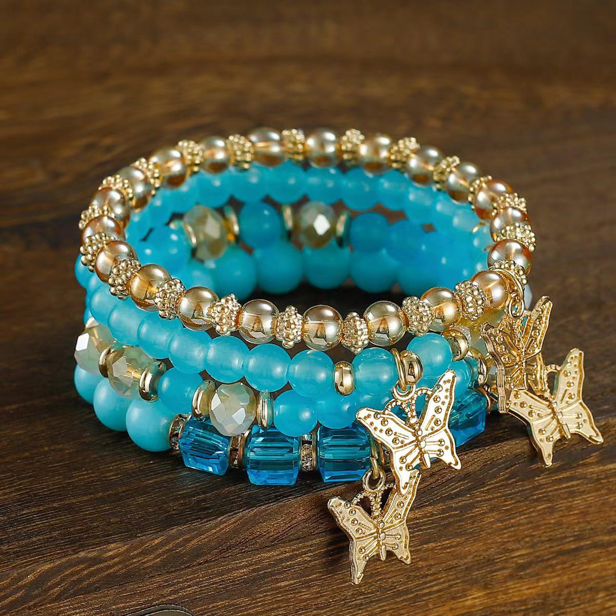 

4Pcs Trendy Butterfly Beaded Bracelet Set For Women Pink Blue Acrylic Beads Elastic Chain Bangle Female Bohemian Party Zircon світло-синій колір