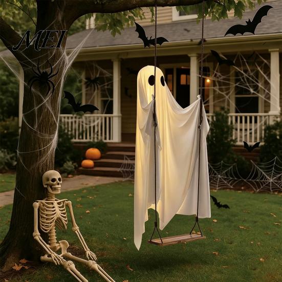 Floating Ghost for Patio Trees Halloween Hanging Swing Decor with String Lights, Glowing Adjustable Swinging Props Ornament Yard Tree, Outdoor Spooky