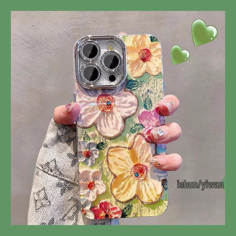 Blue Light Oil Painting Floral Phone Case for iPhone 16 Pro Max - Korean Style Fine Hole Feather Yarn Design