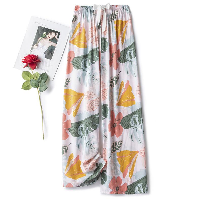 Pantaloni de pijama din bumbac mătase pentru femei, secțiune subțire de vară, anti-țânțari, pantaloni cu picior lat, culoare uni, pentru exterior, casă, petrecere a timpului liber, imprimeu, pantaloni de plajă până la genunchi