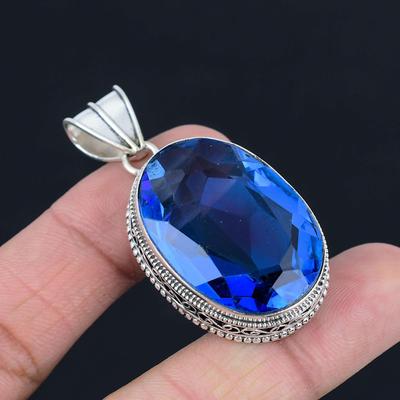 Faceted Blue Topaz Gemstone Pendant Solid 925 Sterling Silver Pendant Jewelry Gift For Unisex
