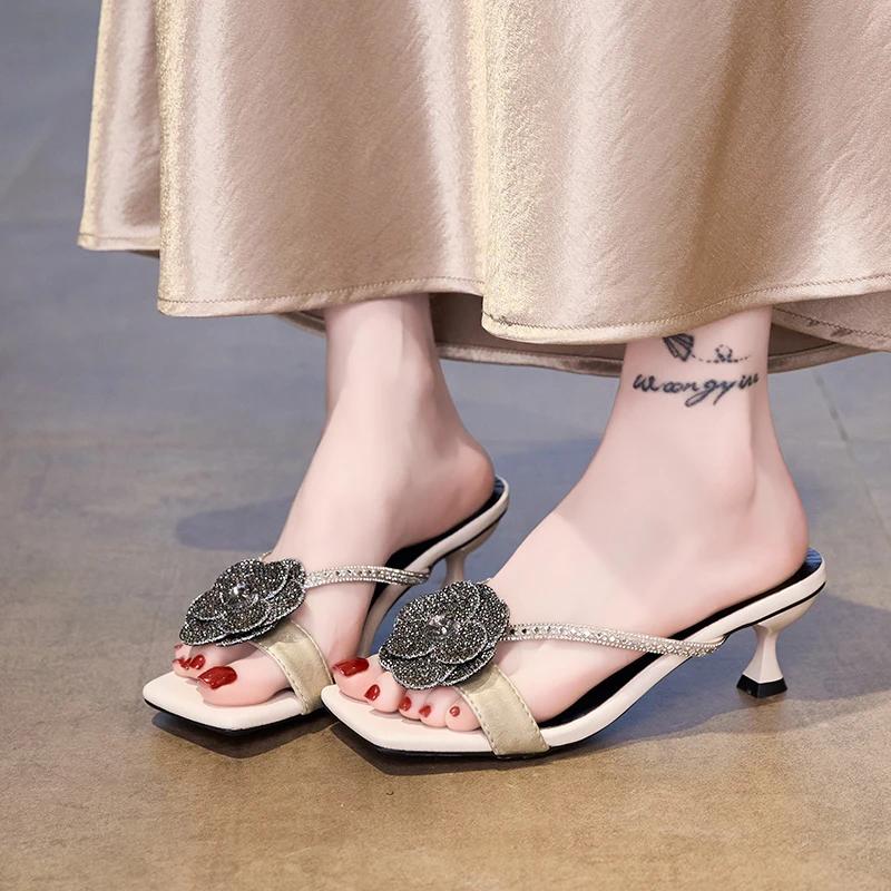 

Fashion Fashion 2025 Open Toe Women s Slippers Summer Outdoor Dress Crystal Floral Elegant Light Best Seller Non-Slip High Heels Zapatos 35 бежевий