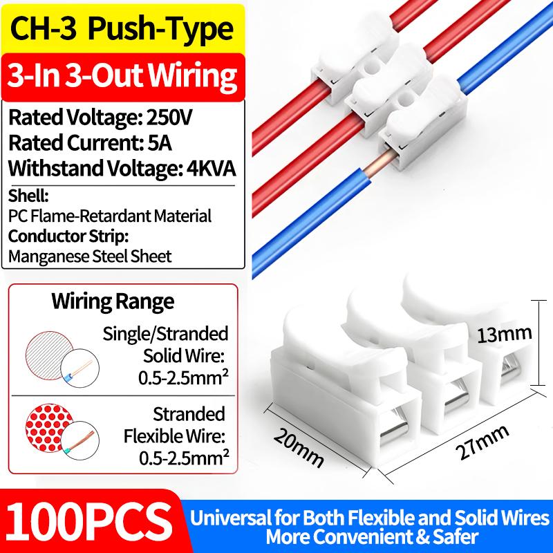 100pcs 2/3 Pin Push-in Spring Loaded Connector, CH2 CH3 5A 250V Wire Cable Connector for Electrical Lighting