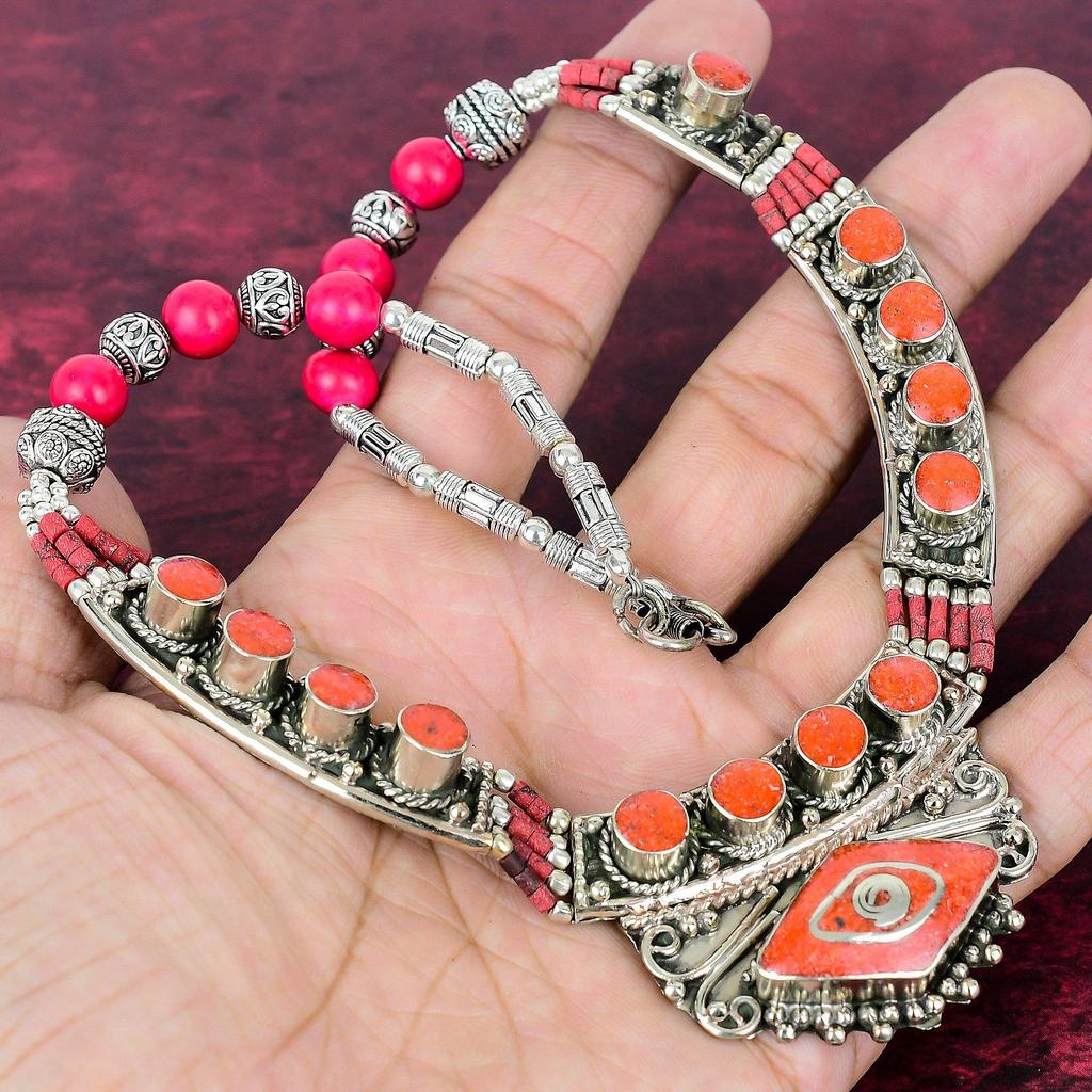 Coral Handmade Gemstone Nepali Necklace, 925 Solid Sterling Silver Antique Jewelry Adjustable Chain Necklace, For Engagement Gift