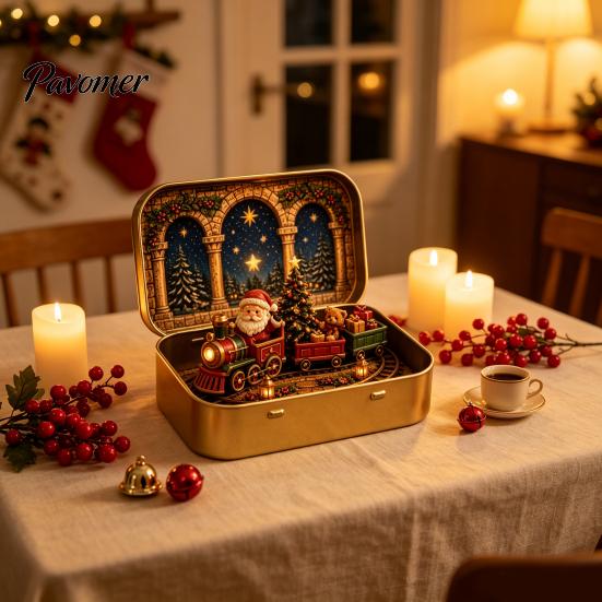 Christmas Mantel Decor Tiny Wonderland in a Tin, Mini Holiday Diorama Decor, Miniature Winter Decorative Metal Tin Scene with Santa, Tree, Gifts
