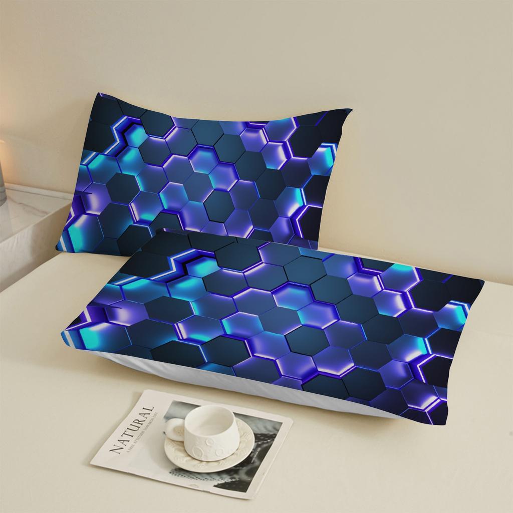 3pcs Hexagon Pattern Flat Sheet 3D Printed Blue Purple Geometric Fitted Sheet Sets With Pillowcases No Filling Cool Visual Style