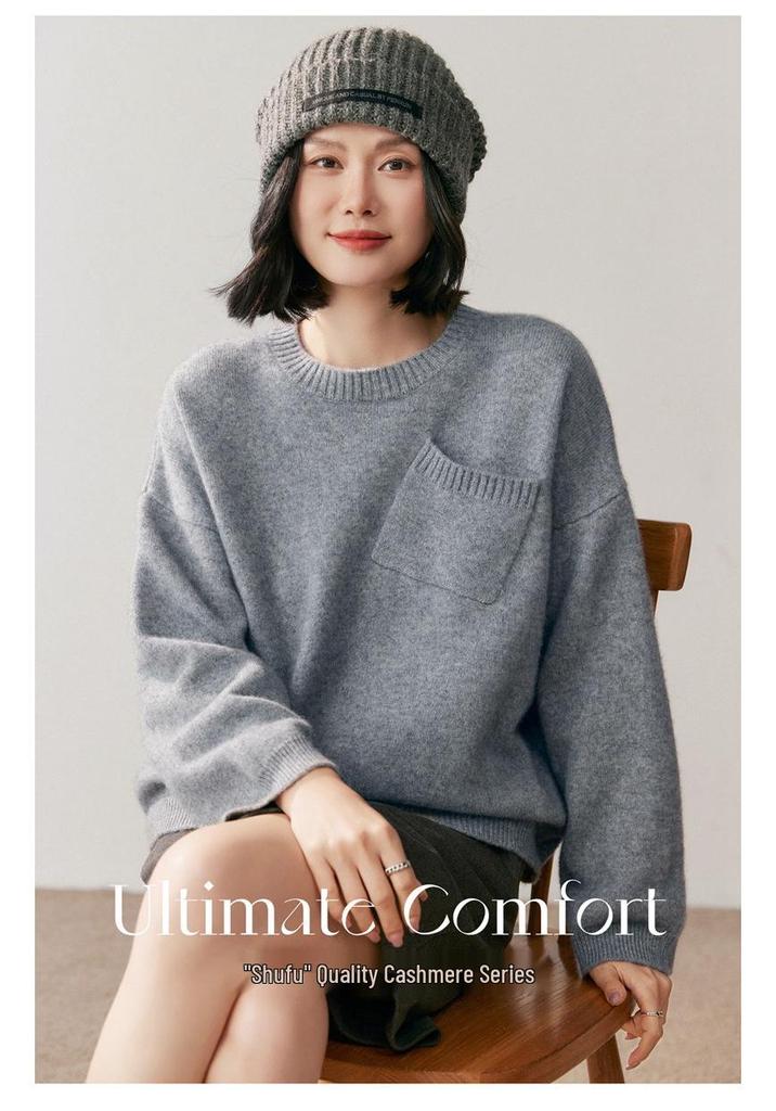 Women's Cashmere Round Neck Sweater - Autumn/Winter 2026 Collection, Loose Fit, Slimming Knit Base Layer with Pockets, Warm and Stylish.