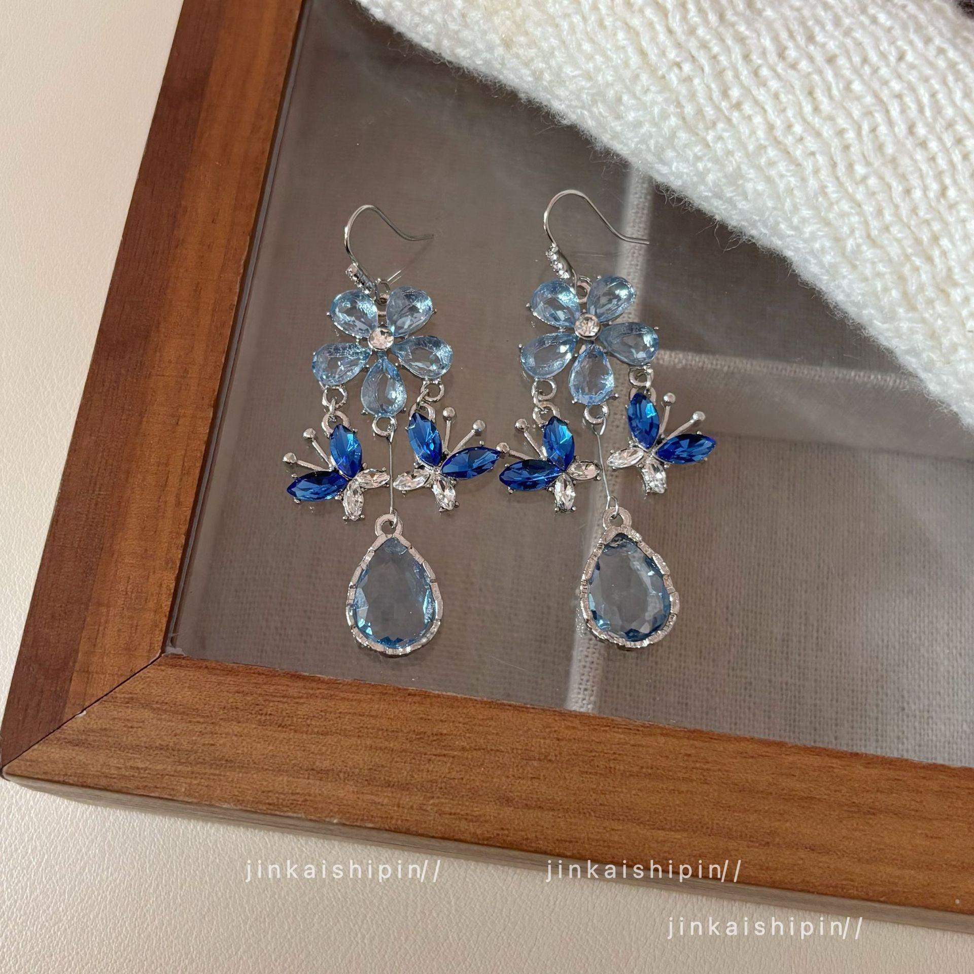 

Charm Female Blue Zircon Stone Flower Water Drop Earrings Cute Trendy Bridal Silver Color Wedding Jewelry For Women