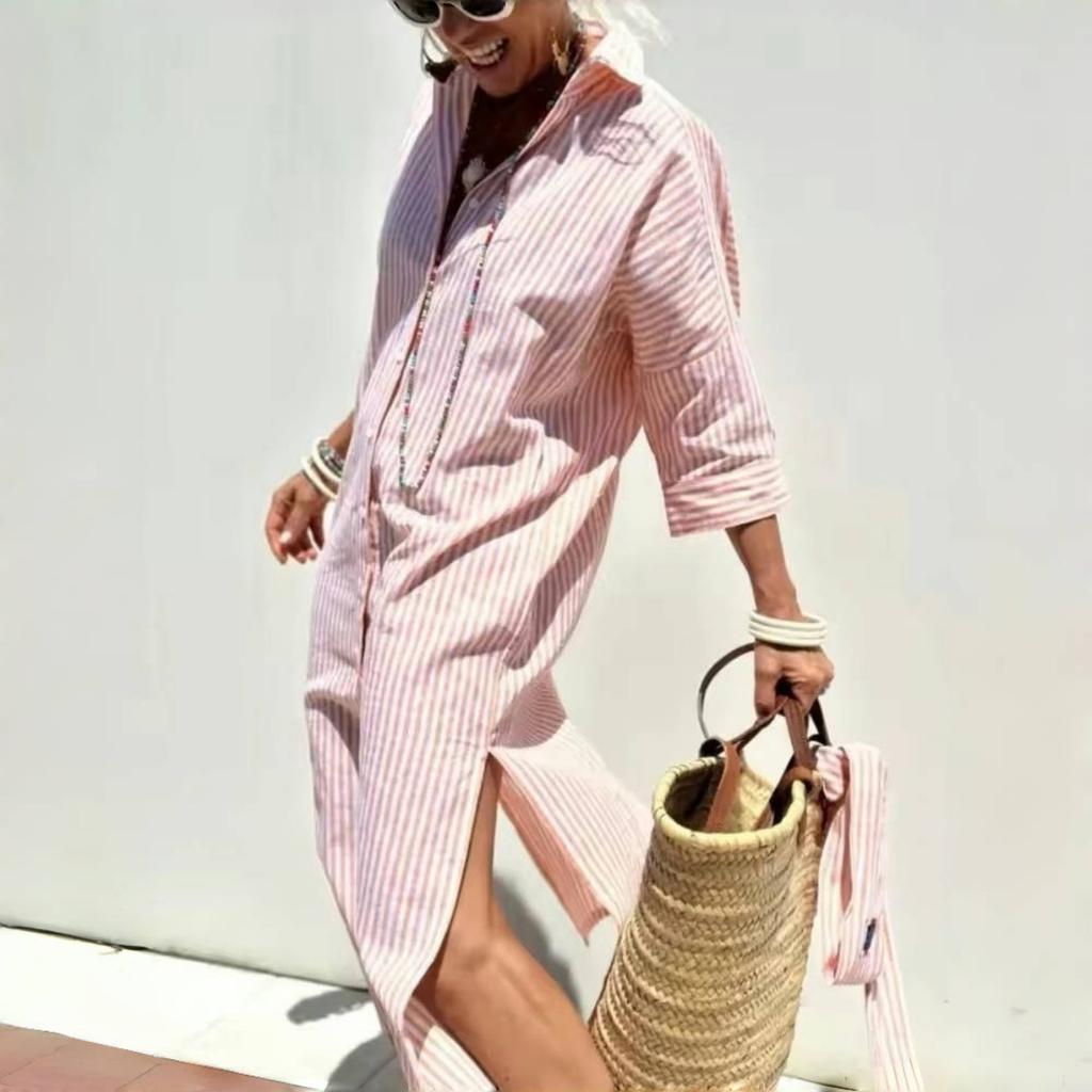 Long Sleeve Cotton Linen Shirt Dress Elegant Long Dress for Women Fashion Print Button Lapel Neck Casual Dresses Robe Femme