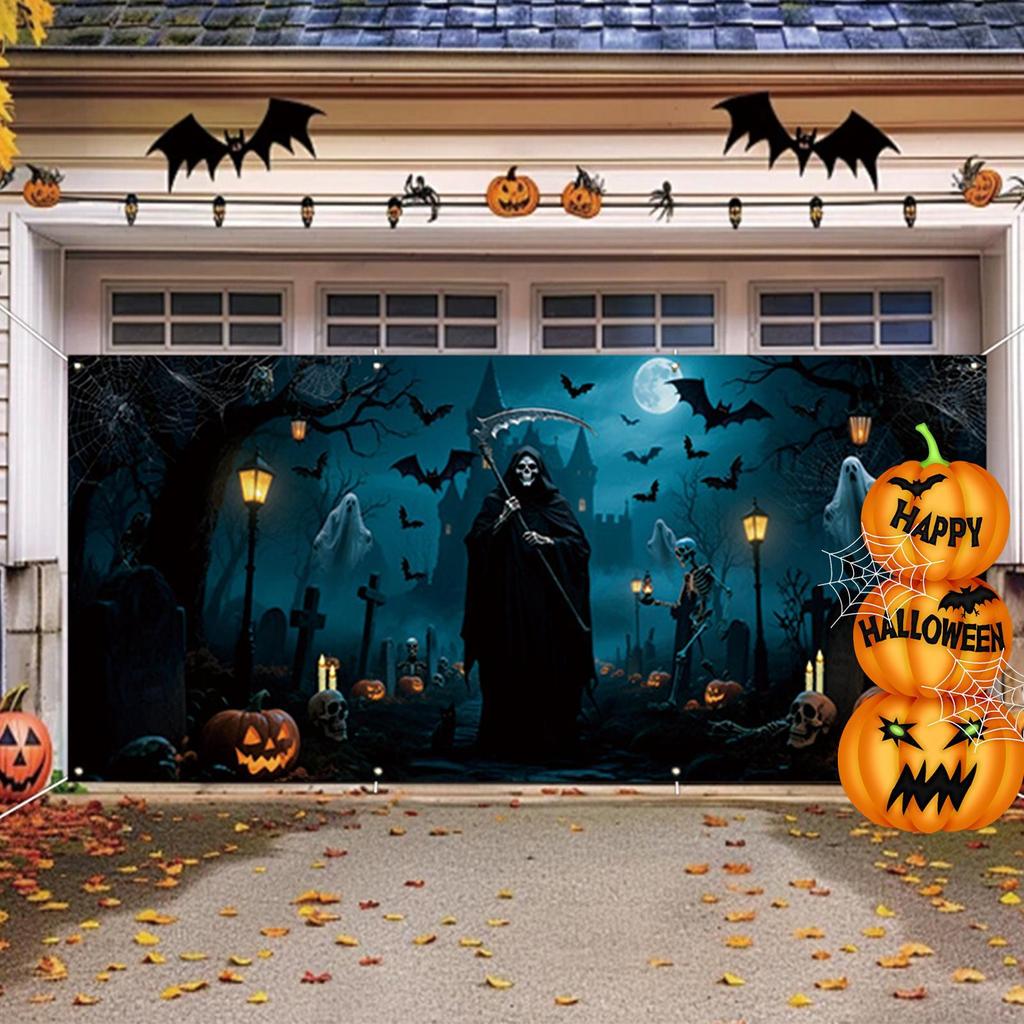 Halloween Garage Door Cover Cemetery Gate Banner Wall Backdrop Hangable For Outdoor Home Holiday Party Lawn Yard Garden