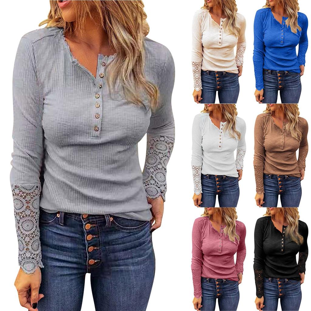 Ladies Casual Solid Color  Strip Solid Color Slim Fit Round Neck Stitching Lace Sleeve T-Shirt