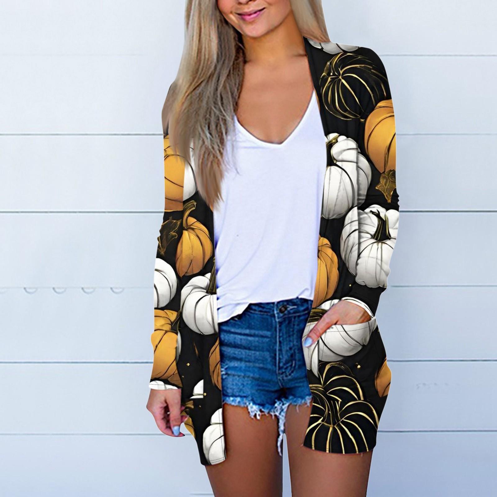 

Женская мода, повседневный кардиган с принтом на Хэллоуин, средней длины, куртка, пальто M белый