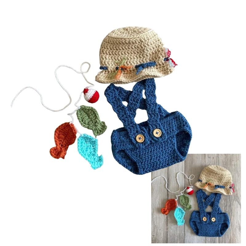 Baby Fotografie Requisiten Gestrickter Strampler und Hut Set Fischer Outfit Fotoshooting Kleidung Baby Fotografie Kostüm Kleidung