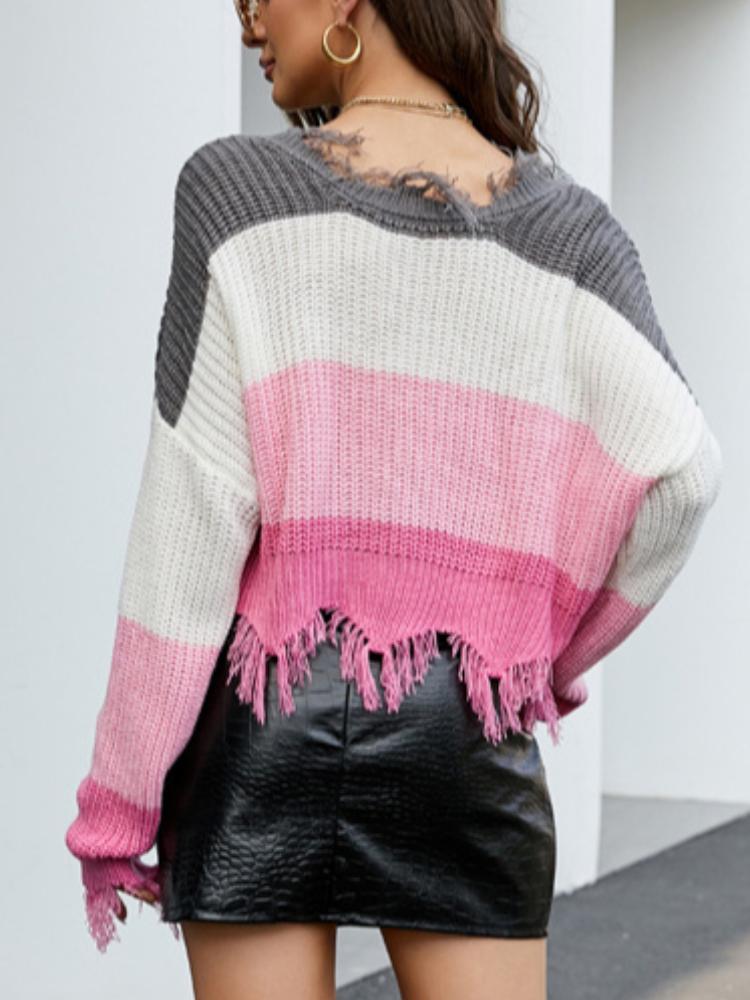 Women's loose fitting short V-neck sweater with autumn and winter tassel knit sweater