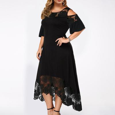 Embroidery Lace Patchwork Plus Size Women Dress Flare Short Sleeve Cold Shoulder High-Waist