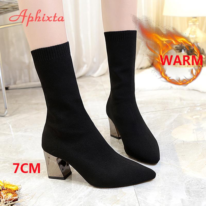 Fashion Aphixta 2025 New Fashion Ankle Boots Women Shoes Elastic Sock Boot Chunky High Heels Stretch Sexy Booties Pointed Toe Plus 41 43