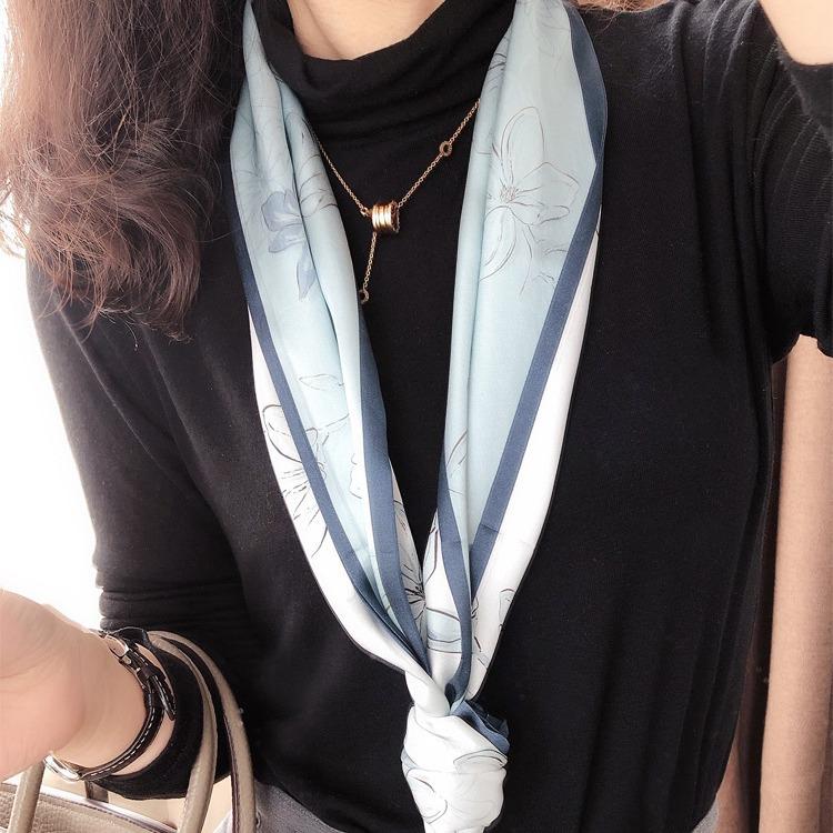 Gentle Lake Blue Double-Layer Silk Scarf Mulberry Silk Scarf Women'S Versatile Thin Narrow Long Multi-Functional Decorative Scarf Streamer
