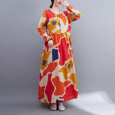 Plus Size Floral Bohemian Cotton Linen Round Neck Travel Dress Loose Large Size Vintage Holiday Long Dresses