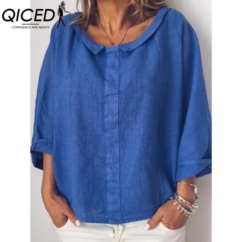 

QICED Женские модные повседневные однотонные блузки и рубашки с длинным рукавом с принтом M синий