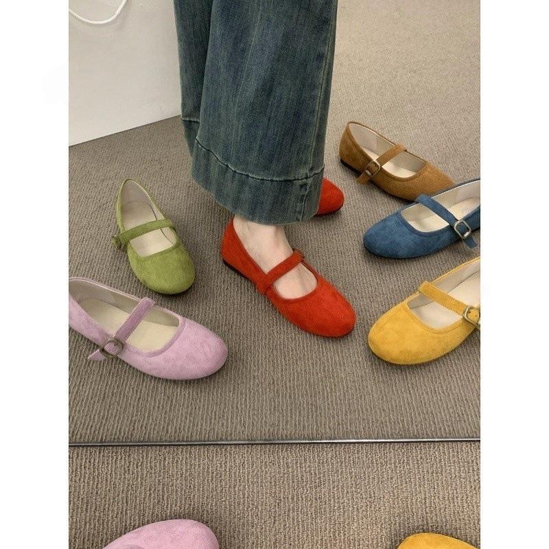 Simple and Versatile Word with Round Head Suede Mary Jane Shoes Are Versatile and Not Tired of Feet, Flat Bottom Doudou Ballet Single Shoes Women