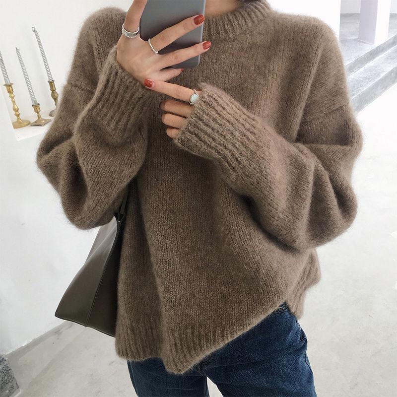 Lat Stil Løs Damegenser Høst Vinter Yttertøy Allsidig Pullover Rund Hals Base Lag Fortykket Strikk