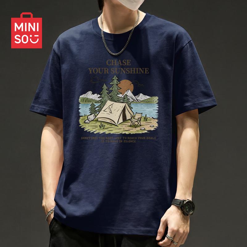 MINISO Men s Loose Fit Sweat-Wicking Cotton Crew Neck T-Shirt 2XL темно-синий