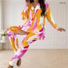 Women Plus Size Pink Orange White Printed Half Zip Long Sleeve Top And Fitted Pants Two Piece Set