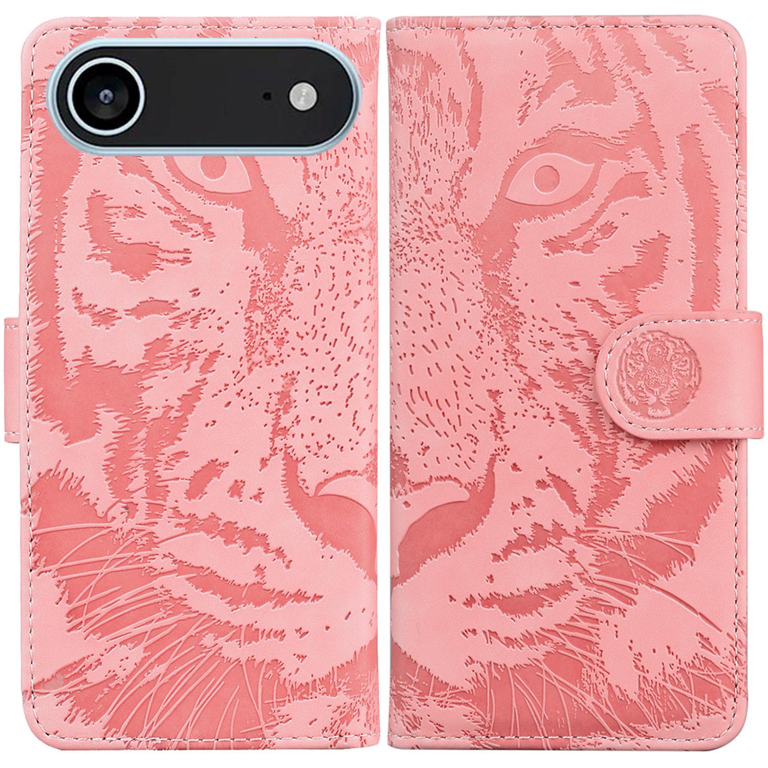 

For iPhone 17 Air Case Tiger Imprint Leather Wallet Phone Cover Pink