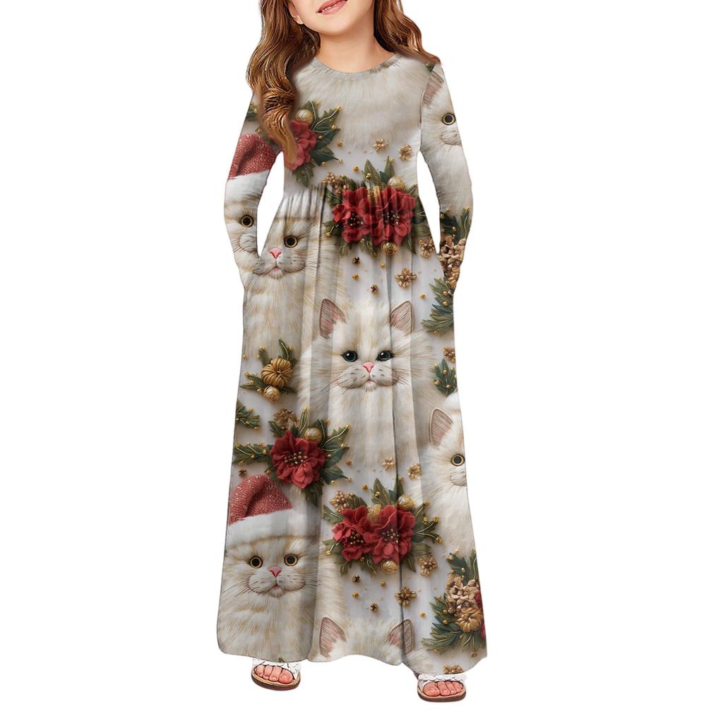 Girls' Maxi Dress - Long Sleeve Pocket Dress Christmas Day