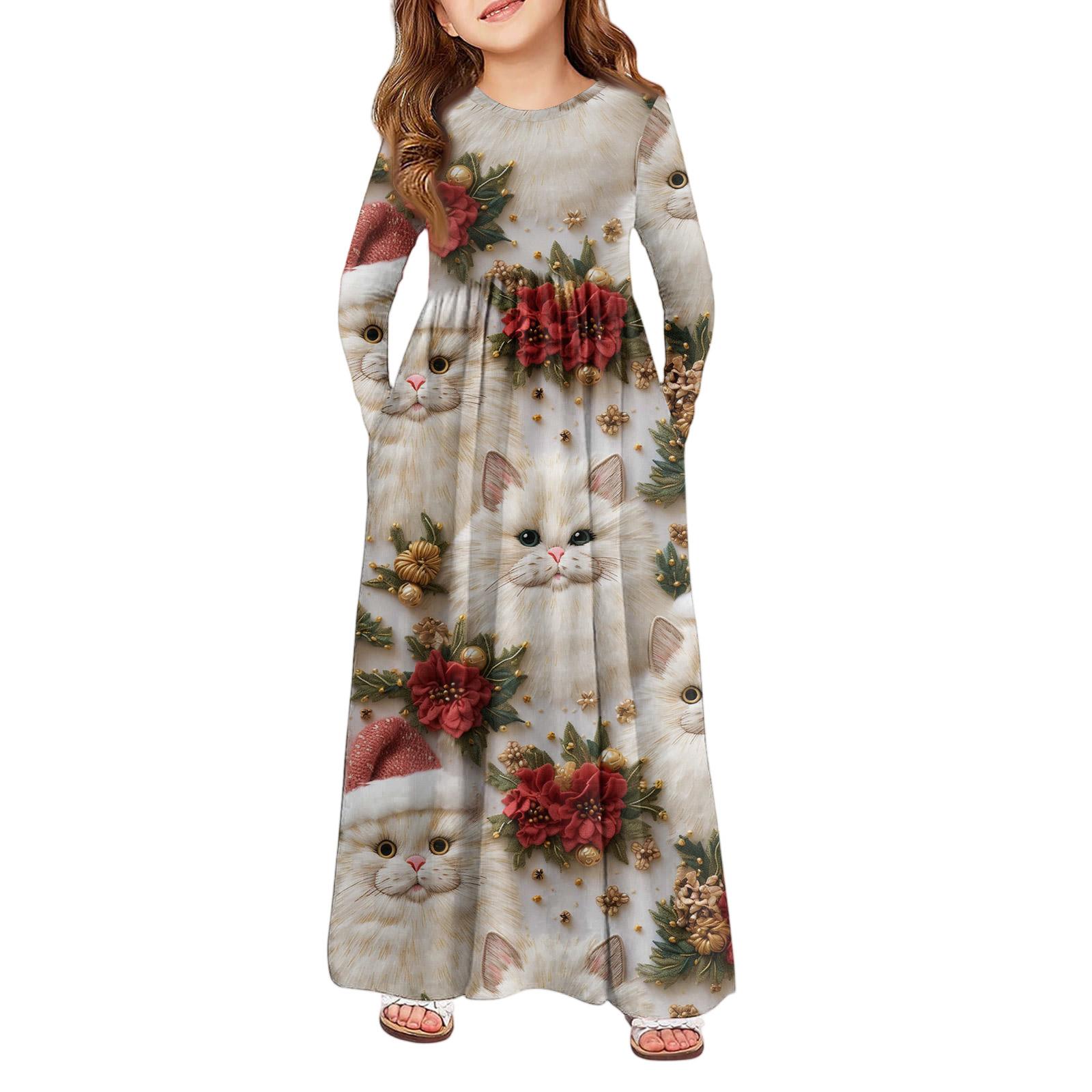 

Девичье платье макси - Платье с длинным рукавом и карманом на Рождество 120 бежевый