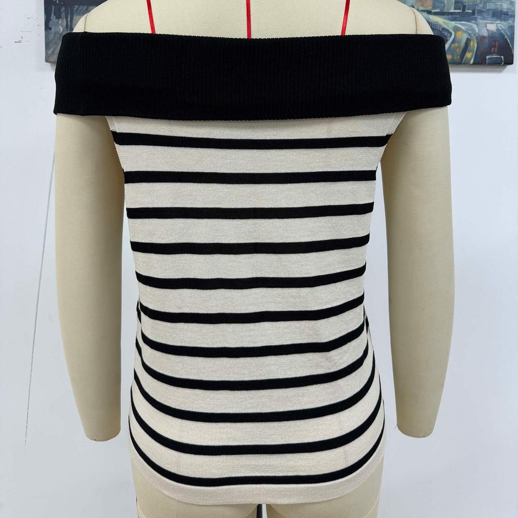 Women's Fashion Spliced Pullover Striped Off Shoulder Short Sleeve Sweater Top