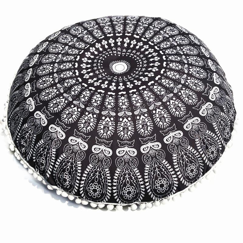 43/80cm Mandala Pattern Floor Pillowcase Round Bohemian Meditation Seat Cushion Cover Pouf Case Retro Feather Printed Home Decor