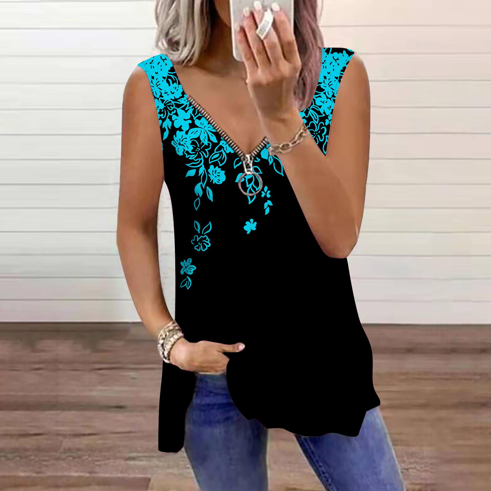 

Жіноча літня безрукавка з принтом білого листя без рукавів із V-подібним вирізом і блискавкою. 8XL світло-синій колір