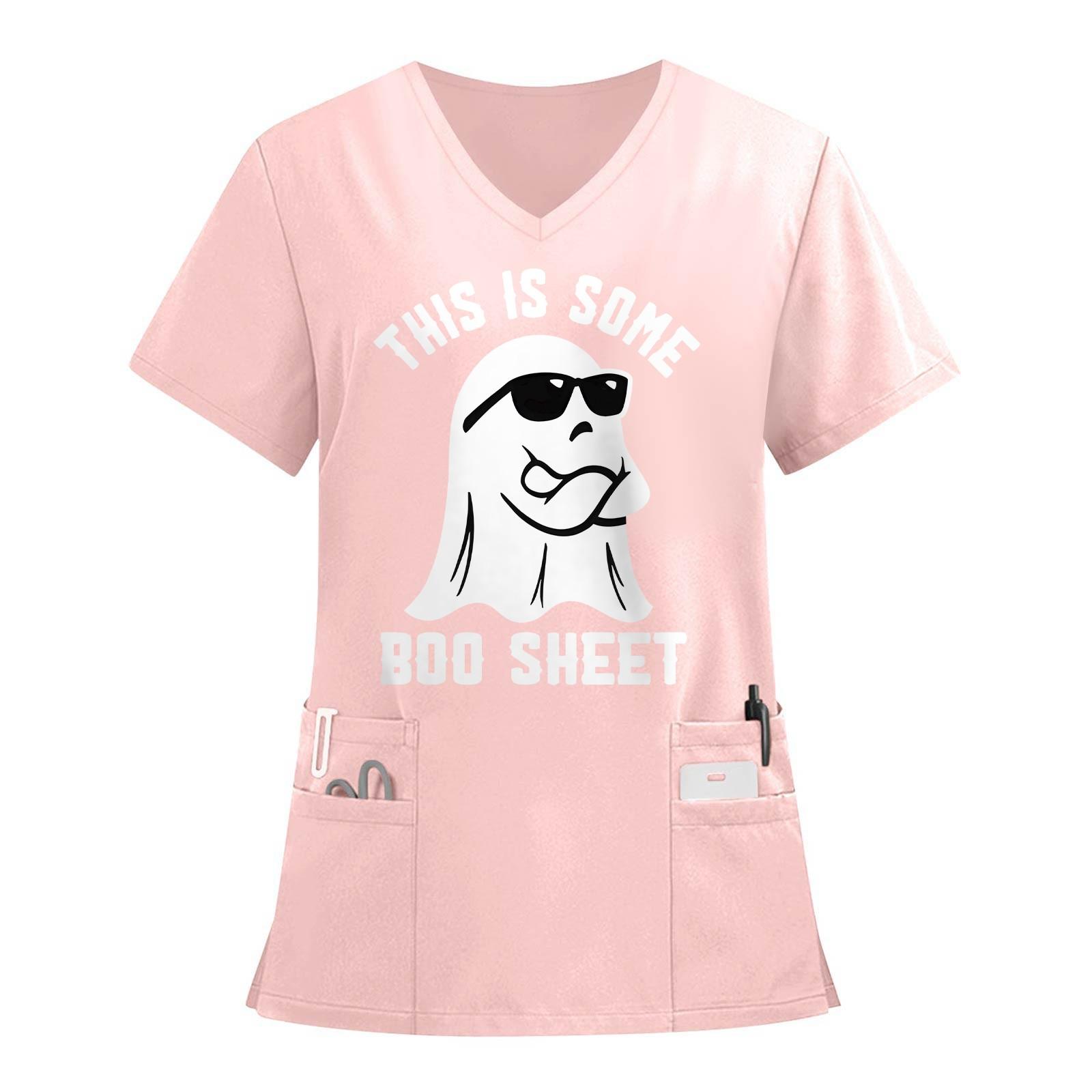 

Женский топ защитного костюма с V-образным вырезом, с короткими рукавами, с принтом на Хэллоуин, с карманом и боковыми разрезами L розовый