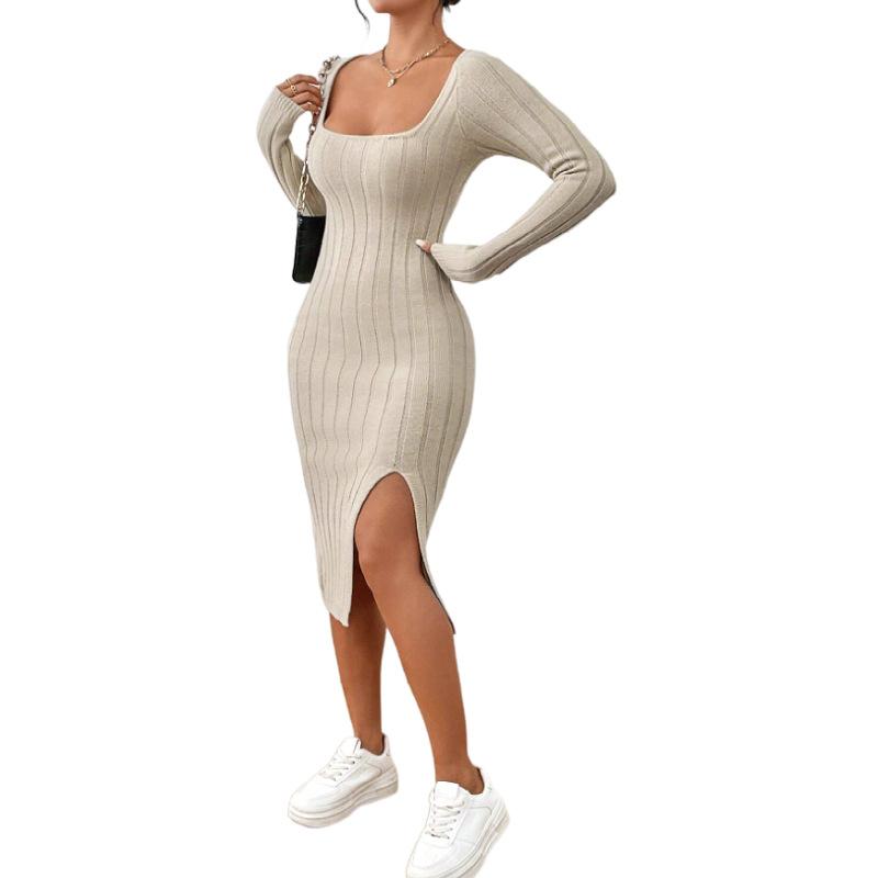 Women's Spring Fall Long Sleeve Solid Color Sweater Dress Bodycon Square Neck Ribbed Knit Slit Midi Dresses for Women