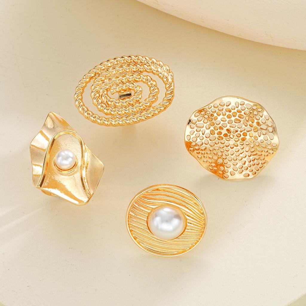4Pcs/Set Imitation Pearl Chunky Rings For Women Vintage Geometric Irregular Hollow Gold Color CCB Ring Set Fashion Party Jewelry