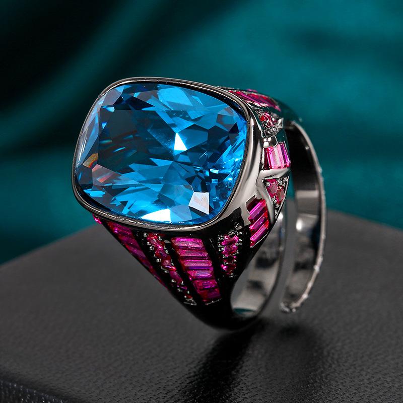 Jewelry Copper Bottom Gold-Plated Simulation Blue Spinel Black Gold Ancient Light Luxury Ring Women 12 * 16