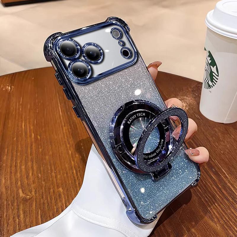 Shockproof Glitter Plating Magnetic Bracket Case for IPhone 17 Air 16 16E 15 14 Plus 13 12 Mini 11 Pro XS Max XR Silicone Cover