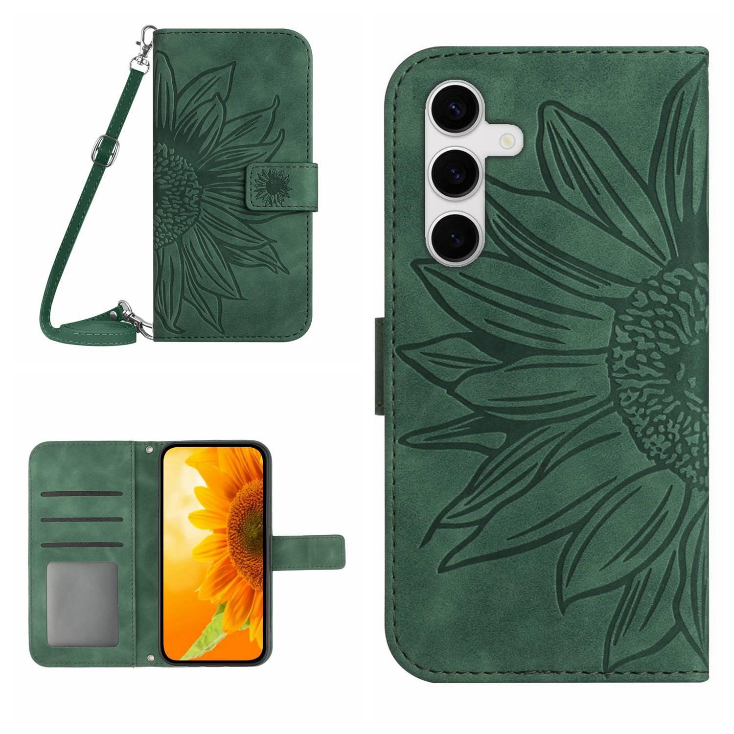 

For Samsung Galaxy S25 FE Wallet Case Sunflower Imprinted PU Leather Phone Stand Cover with Shoulder Strap Dark Green