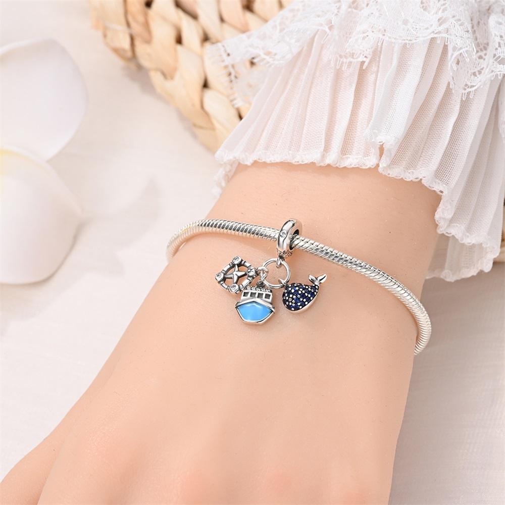 New 925 Sterling copper Summer Blue Ocean Turtle Starfish Dolphin Dangle Charms Fit Original Bracelet Necklace Zircon