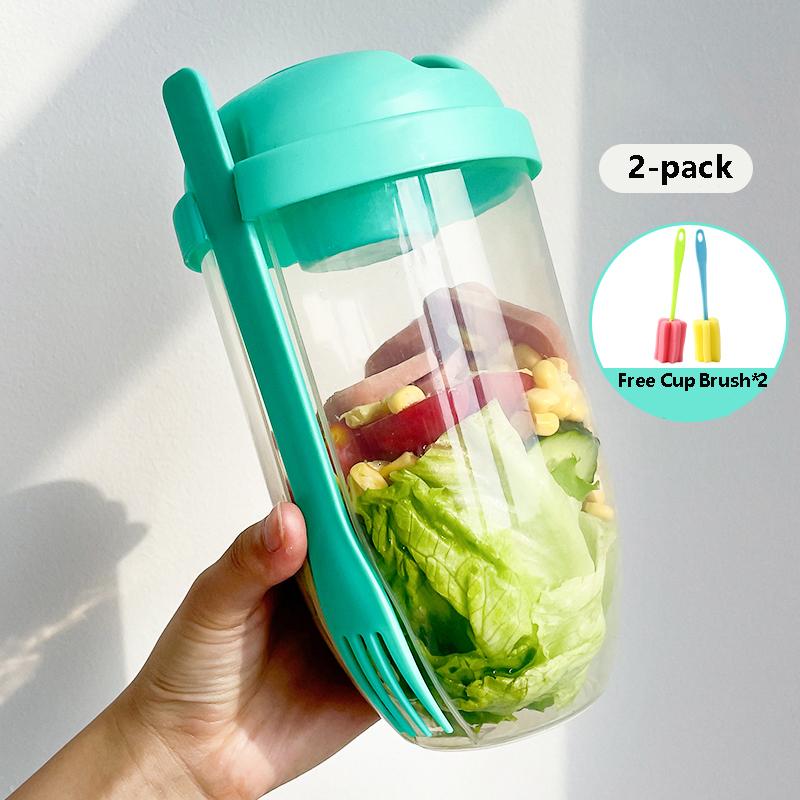 1pc/2pc Portable Salad Cup with Leak-Proof Lid & Built-in Fork Healthy Meal Prep for Lunch Breakfast Dressing Storage Salad Bowl