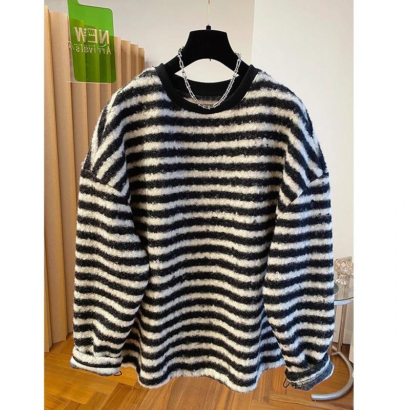 Striped T-shirt Bottoming Shirt for Women Winter Loose Thickened Long-sleeved Top