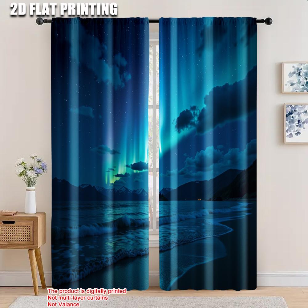 

2pcs, 2D flat printing Party Curtains Beach aurora Versatile 100% Polyester,Without Electricity Holiday Decorations Use for 52.50×116.00 CM 2pcs