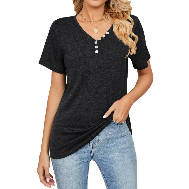 Summer Women's T-Shirt Solid Colour Button Loose V-Neck Short Sleeve Top